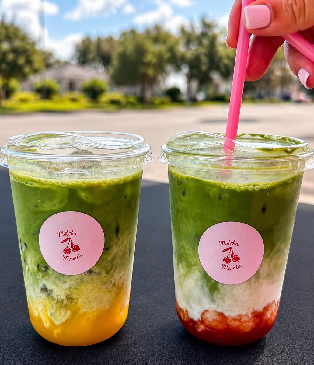 Two handcrafted Matcha Mamiii iced matcha drinks with fruit flavors
